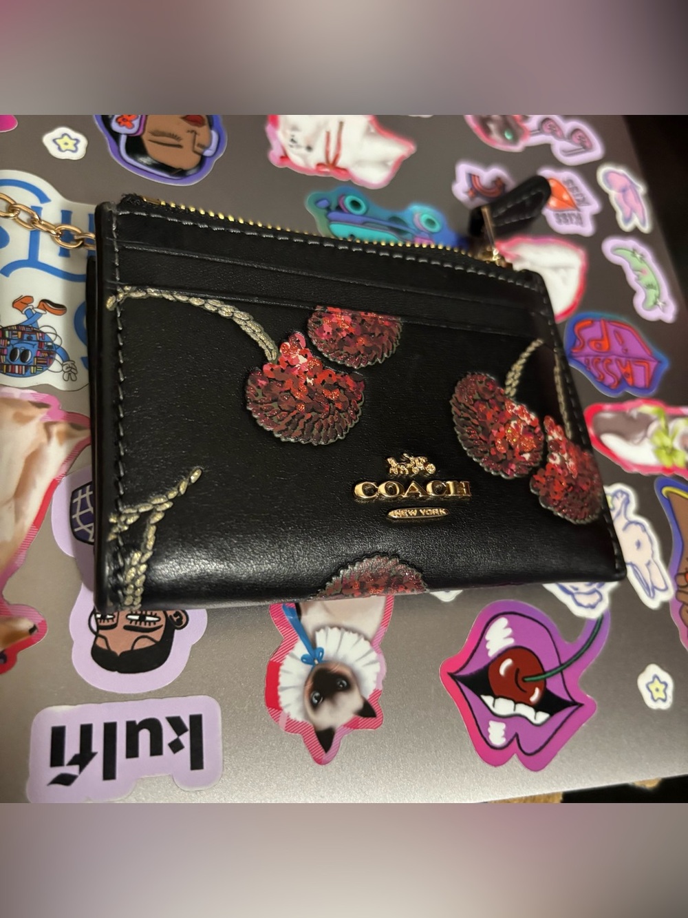 Coach Limited Edition Black Leather Cherry Card Case Wallet with Gold Key Ring - Picture 3 of 11